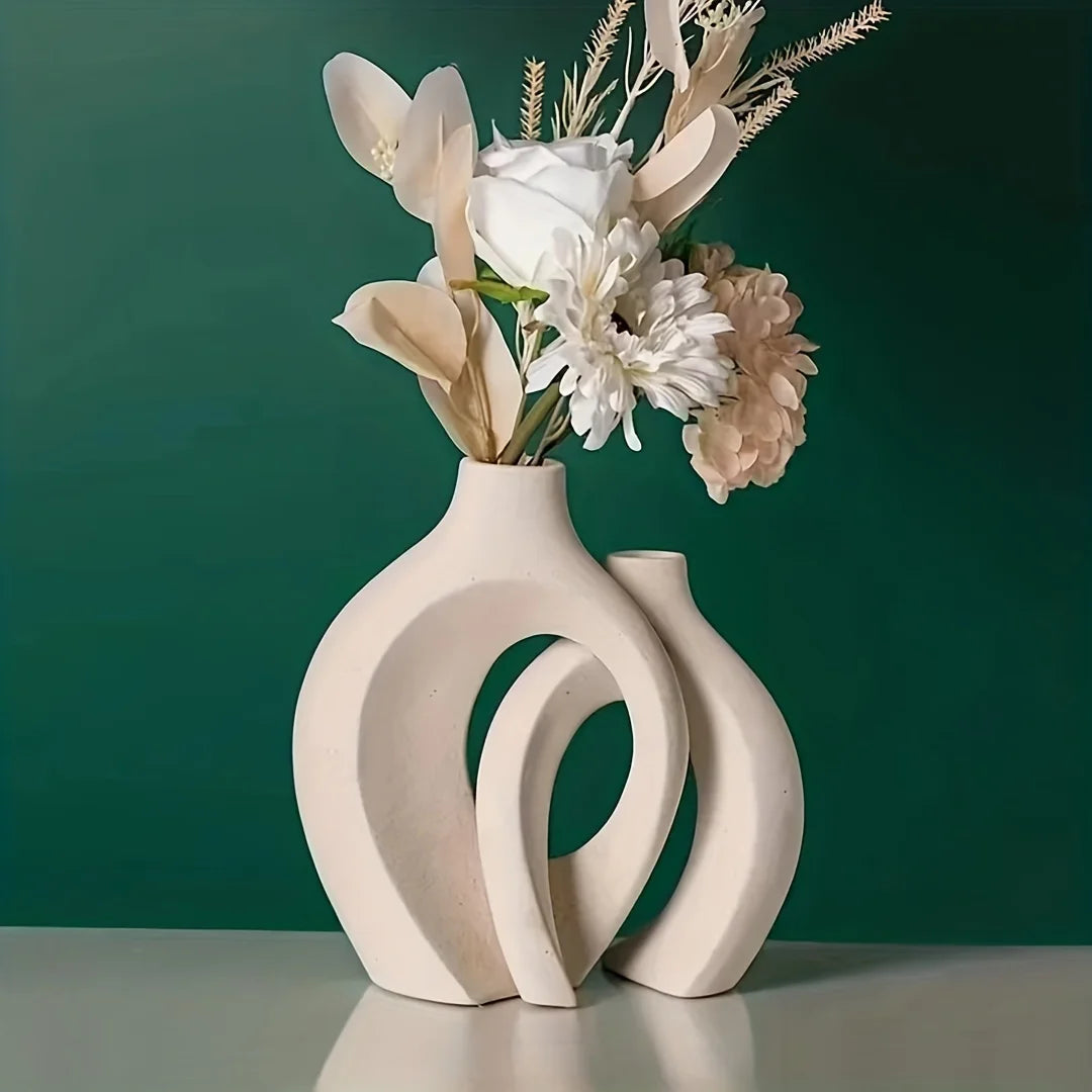 Chic Nordic Ceramic Vase Set of 2 – Stylish Hollow Flower Vases for Modern Home Decor