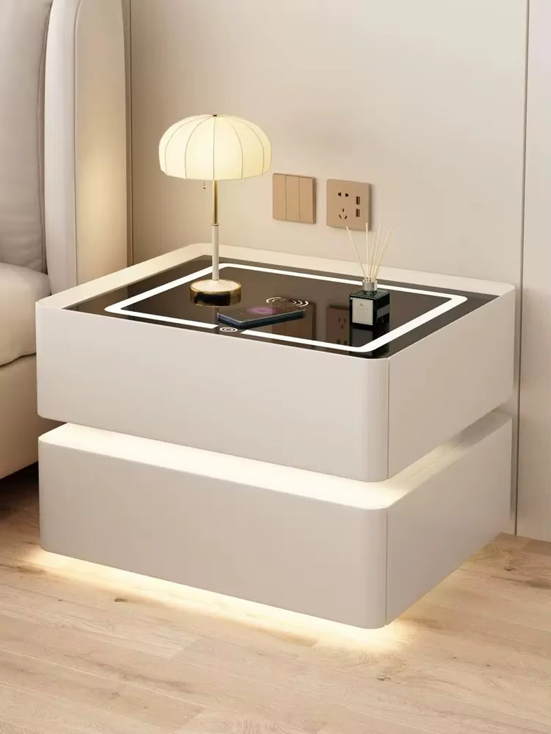 Sleek Solid Wood Nightstand with Wireless Charging and Secure Lock - 2 Drawers, 40cm