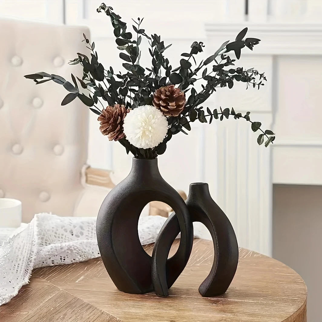 Chic Nordic Ceramic Vase Set of 2 – Stylish Hollow Flower Vases for Modern Home Decor