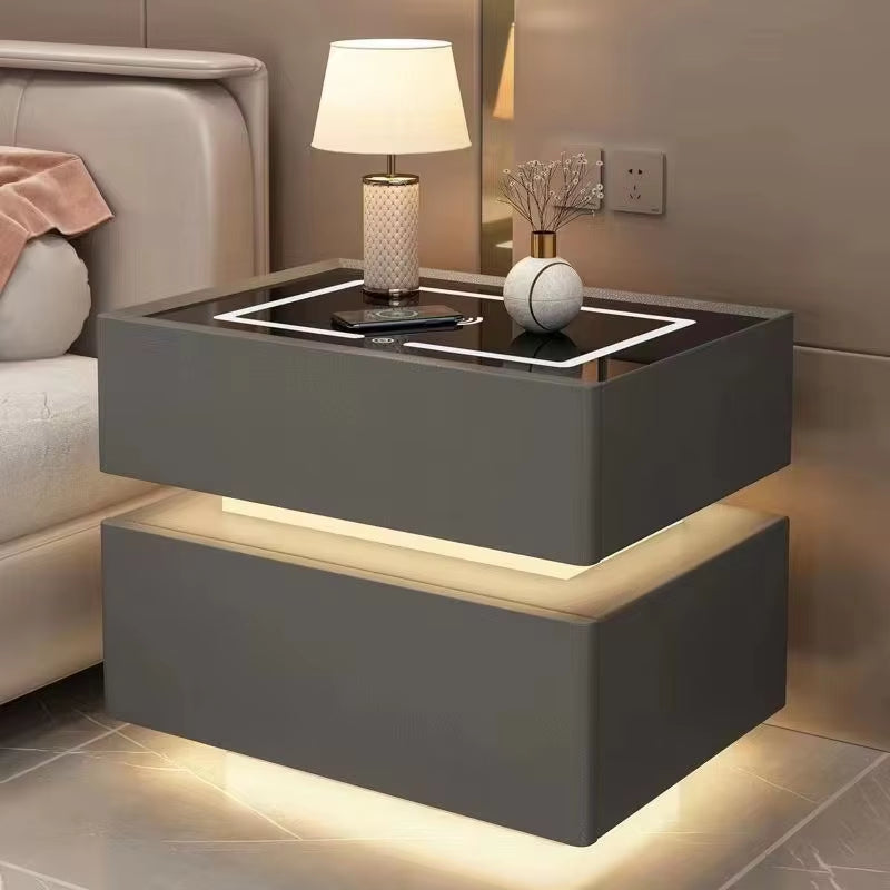 Sleek Solid Wood Nightstand with Wireless Charging and Secure Lock - 2 Drawers, 40cm