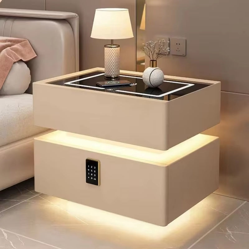 Sleek Solid Wood Nightstand with Wireless Charging and Secure Lock - 2 Drawers, 40cm