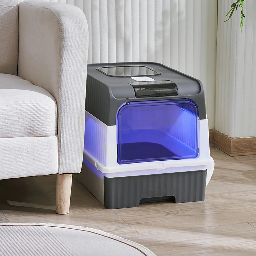 Cat Litter Box with UVC Ultraviolet Function Large Enclosed Top Entry Anti-Splashing Litter Box with Lid Convenient Auto-Off